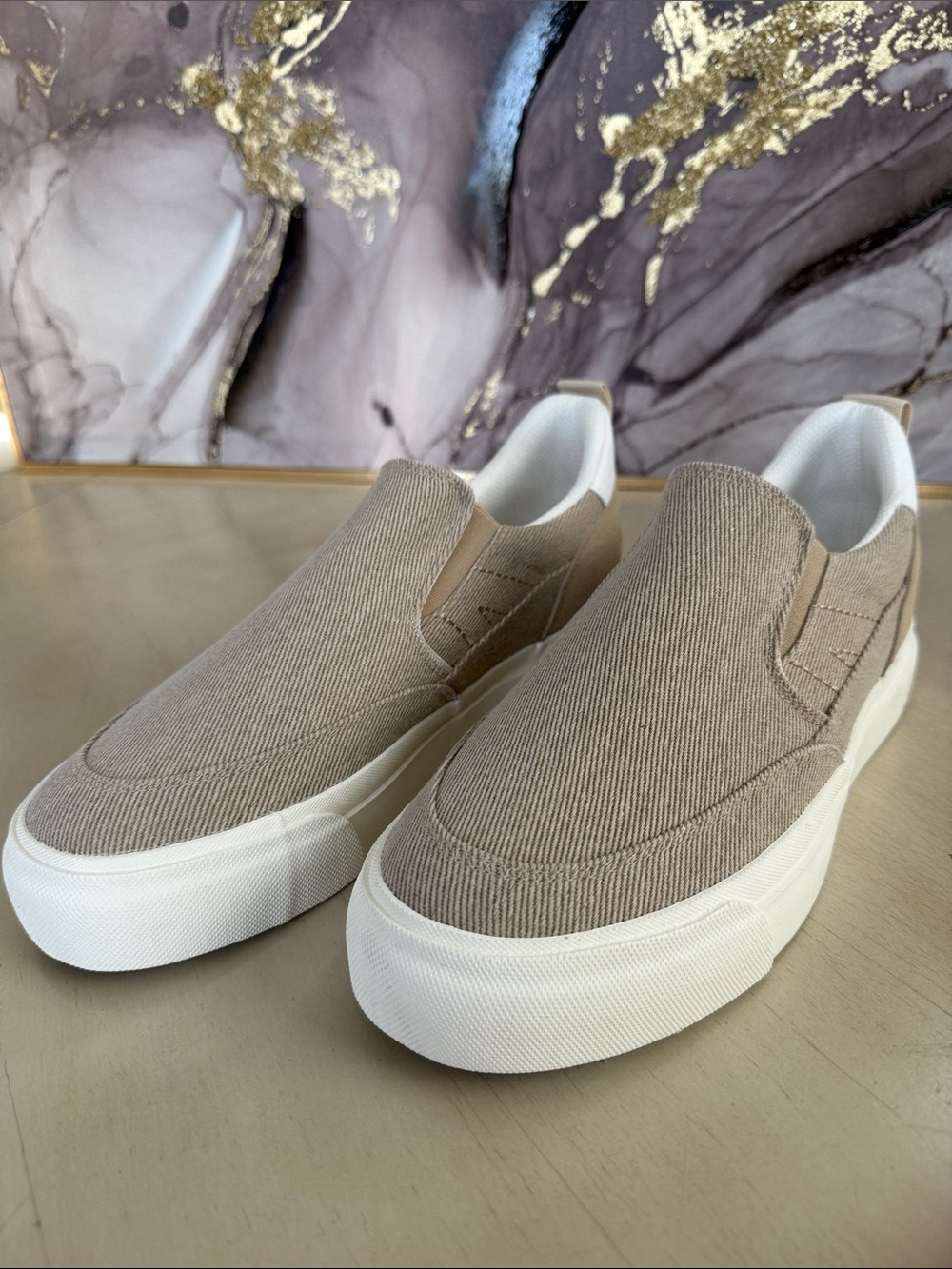 Men's Slip-On Canvas Loafers in Taupe with White Sole